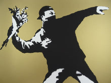 Load image into Gallery viewer, West Country Prince Screen print Gold Banksy | Love is in the Air | Replica by Artist West Country Prince
