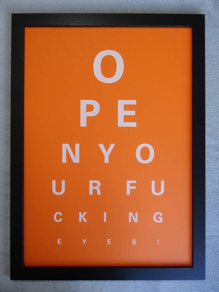 Alex Bucklee Screen print Alex Bucklee Eye Test - White Diamond Dust On Orange Limited Edition Screen Print